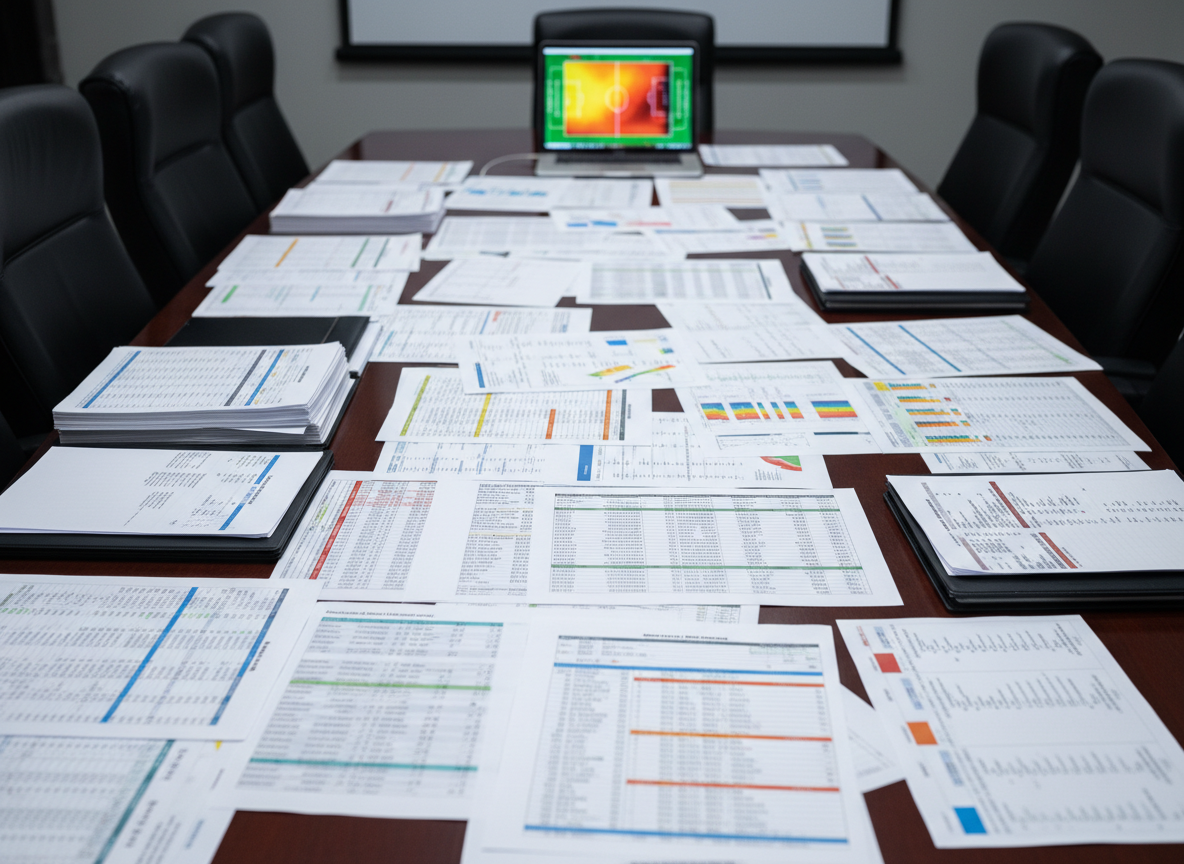 A long, polished wood conference table viewed from a slightly elevated angle, entirely covered with printed sports data reports, probability models, and neatly organized spreadsheets showing confidence-ranked picks for various leagues. Each sheet displays dense but tidily arranged numbers, color blocks, and tiny sparkline charts, abstracted enough to avoid readable text. At the far end of the table, a slim laptop shows a vivid heatmap comparing team performance metrics. Cool, balanced artificial lighting from recessed ceiling fixtures creates an even, shadow-free environment. Photographic realism with sharp focus from foreground to background, conveying a serious, disciplined atmosphere of professional strategy and transparent results without any casino or gambling clichés.