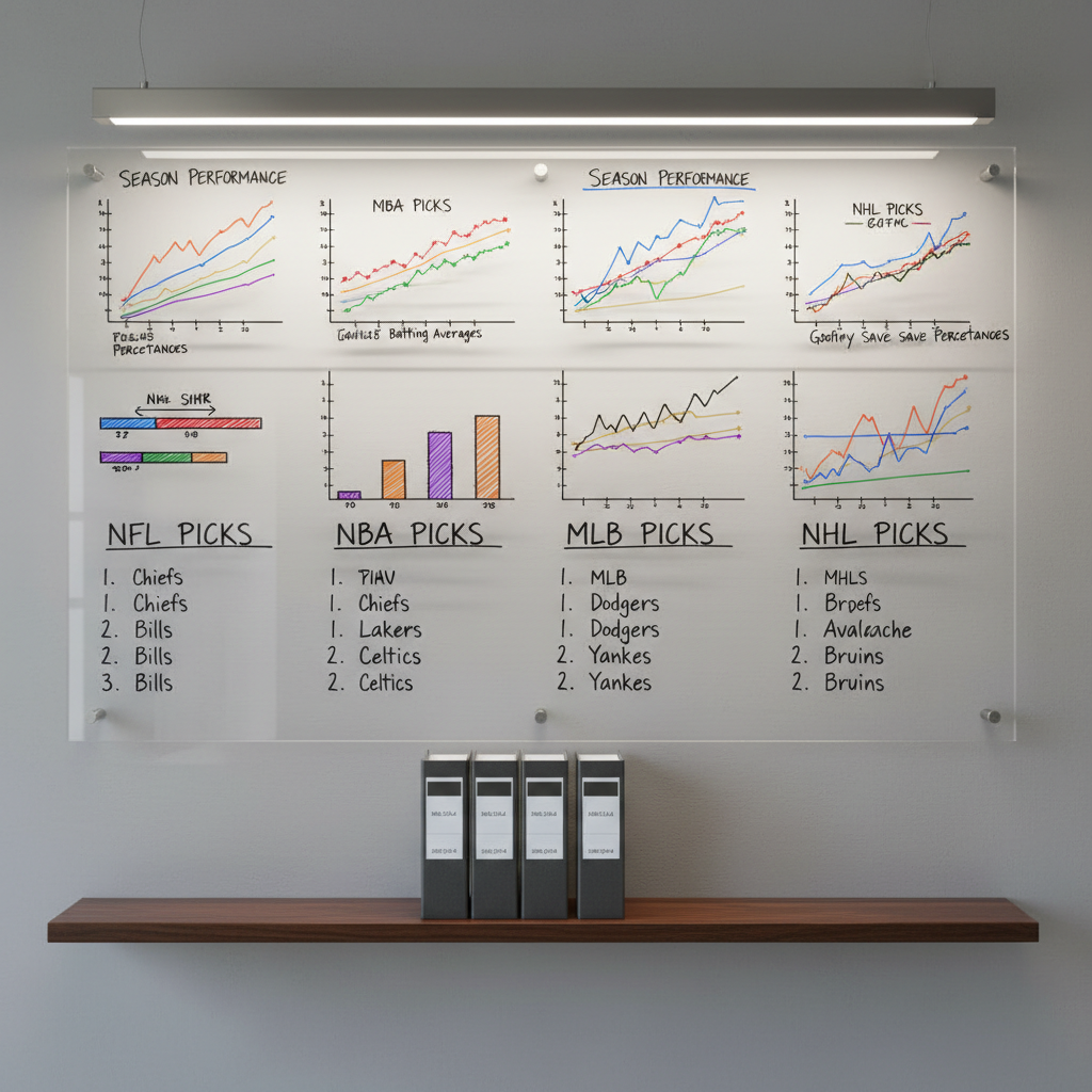 A close-up, photographic-realistic view of a large, transparent acrylic board covered with meticulously drawn sports charts and probability diagrams in fine-tip markers. Color-coded trend lines, bar graphs, and ranked pick columns for NFL, NBA, MLB, and NHL are arranged in precise grids. The board is mounted in a modern office with neutral gray walls and a single dark wood shelf holding neatly stacked binders labeled by sport. Soft overhead LED lighting creates clean, crisp highlights on the board’s glossy surface and casts minimal, controlled shadows. Shot straight on with sharp focus, the composition feels clean, modern, and data-driven, reinforcing professional sports betting research grounded in empirical analysis.
