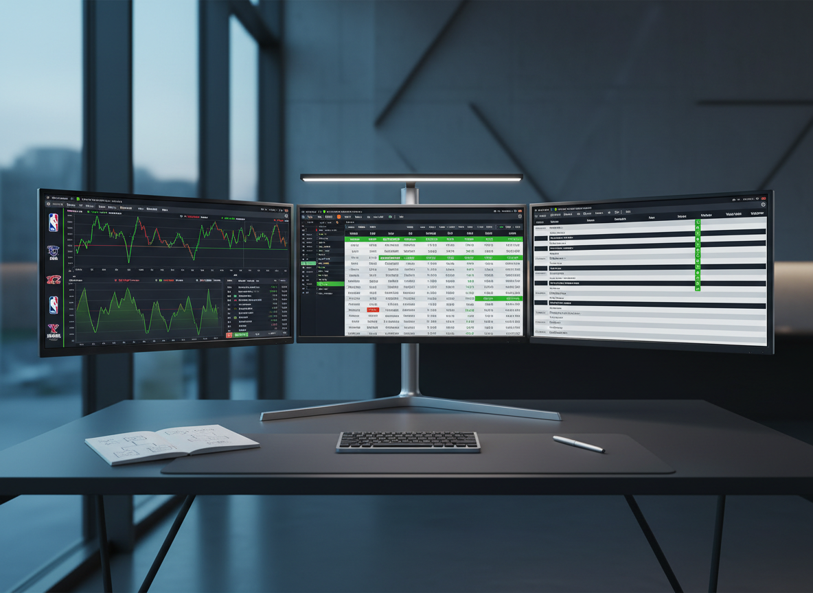 A photographic, low-angle shot of a minimalist trading-style workstation featuring three matching monitors on a slim metal stand, each displaying different sports models: one with rolling live win-probability graphs for NBA and WNBA, another with a grid of advanced baseball stats, and a third with a multi-sport schedule highlighting value spots. The desk surface is matte charcoal, holding only a compact keyboard, a pen, and a small notepad with sketched decision trees. Cool-toned evening light filters in from a side window, mixing with soft white task lighting to create a calm, focused glow. The composition emphasizes clean lines and symmetry, evoking a quantitative trading desk dedicated to disciplined sports betting decisions.