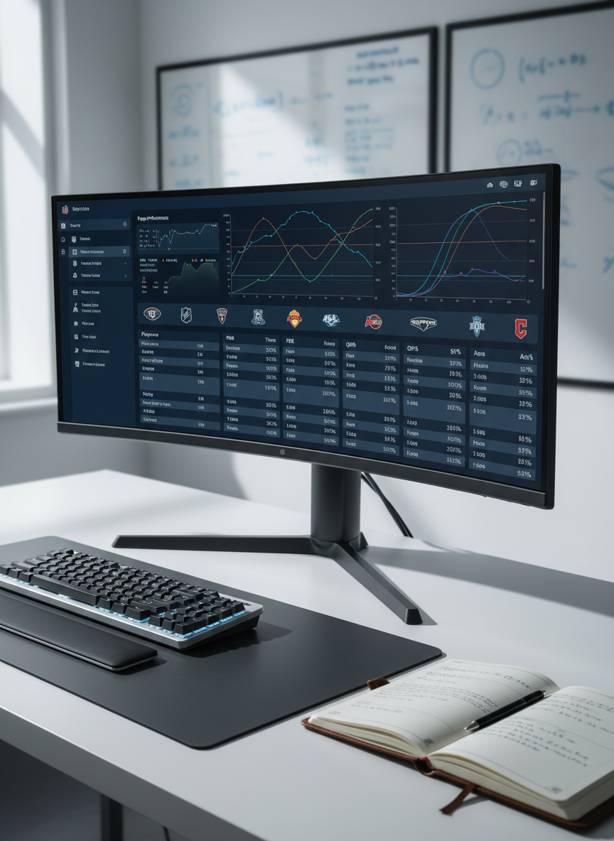 A sleek, ultra-wide curved monitor displaying a dense, colorful sports analytics dashboard filled with line graphs, probability curves, and sortable tables of NFL, NBA, MLB, NHL, and tennis stats. The monitor sits on a clean matte-black desk with a brushed metal keyboard and a small notebook open to neatly written formulas and percentages. Cool, diffused daylight from an unseen window washes across the setup, creating subtle reflections on the screen and soft shadows behind the equipment. Photographic realism at eye level, with a shallow depth of field that gently blurs the distant wall of whiteboards covered in faint, out-of-focus charts. The mood is focused, professional, and analytical, emphasizing disciplined research over gambling flash.